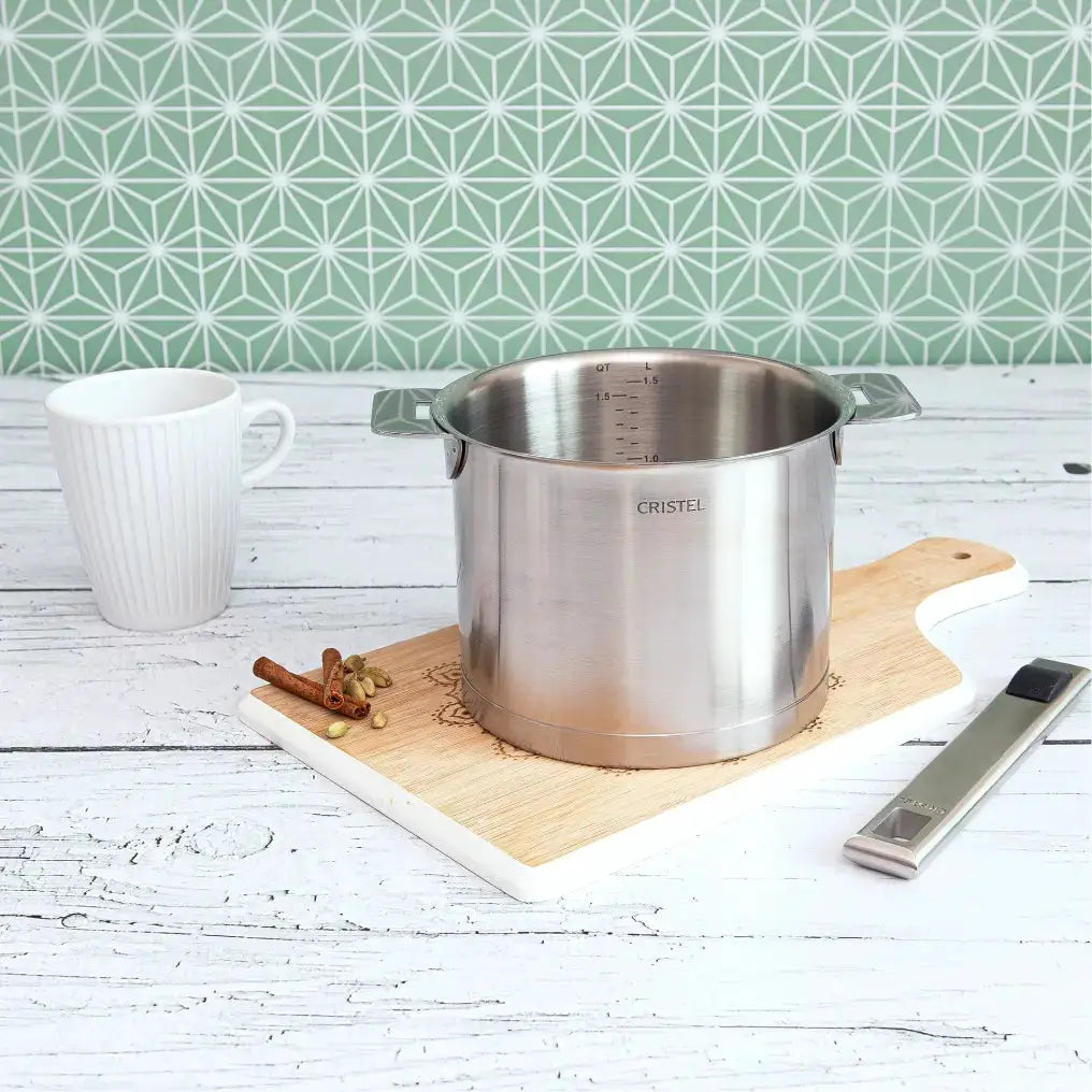 Milkpot with detachable handles in polished stainless steel, CRISTEL USA 18/10 stock pot on Tampa Home & Garden Store