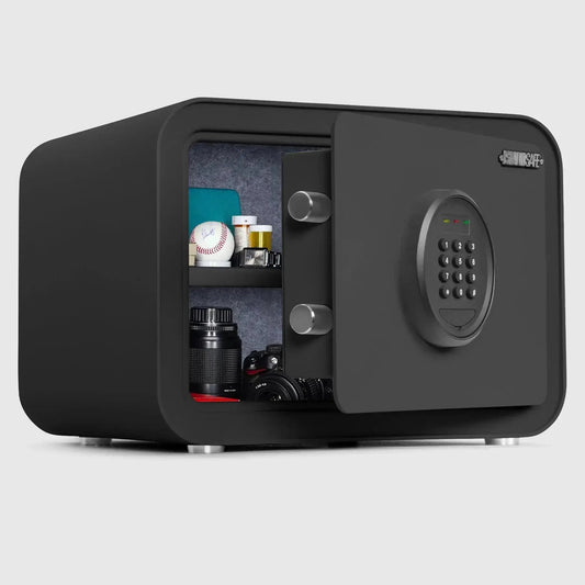 Millitari QT25 Compact Safe ISLANDSAFE with keypad, black steel body, camera gear inside on Tampa Home & Garden Store