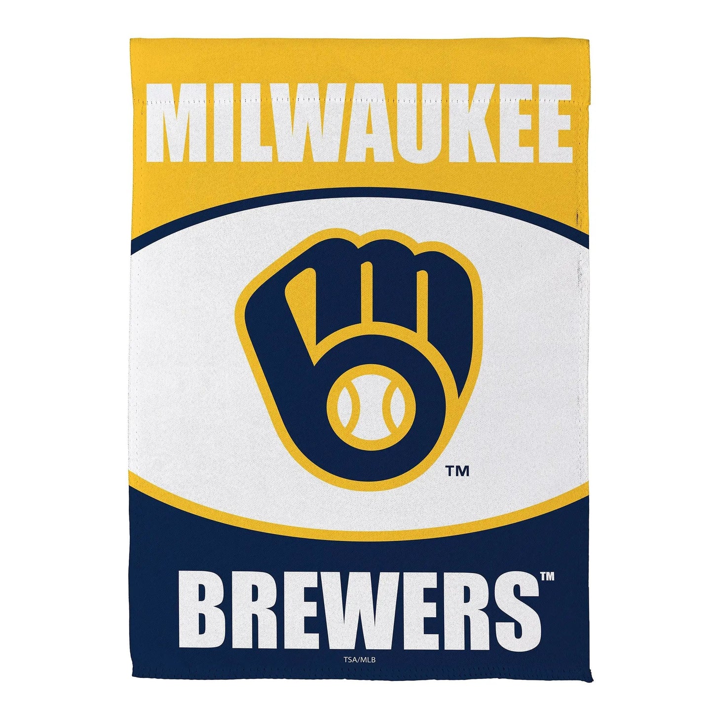 Milwaukee Brewers Suede Garden Flag with blue and gold logo on yellow panel on Tampa Home & Garden Store