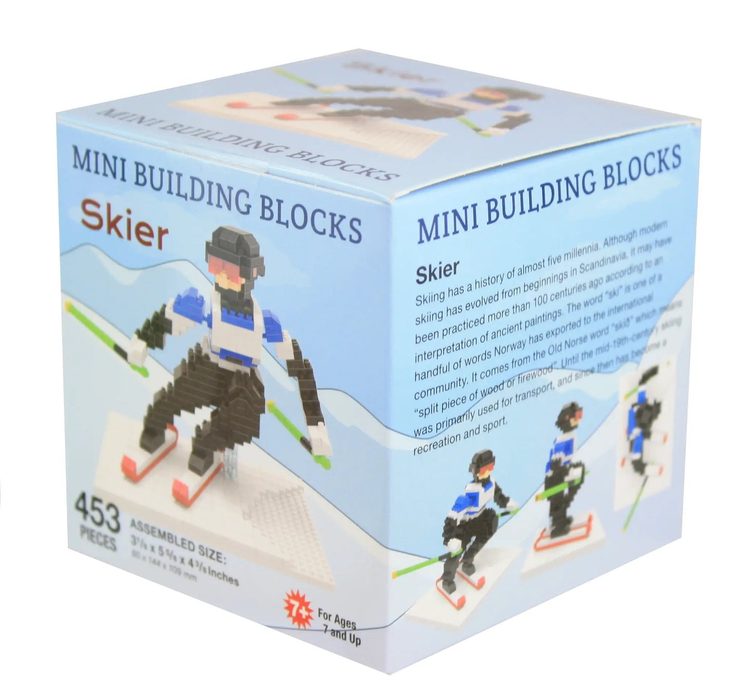 Mini Building Blocks downhill Skier Kit blue box with skier figures on snowy slopes on Tampa Home & Garden Store