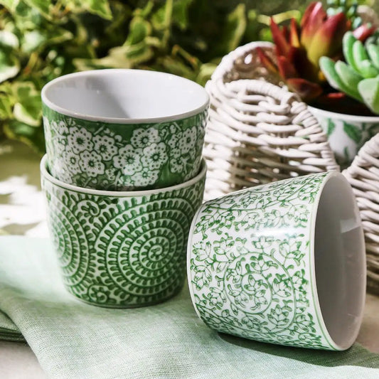 Mini green cachepots hand painted porcelain set of 3 Gia Roma floral design on Tampa Home & Garden Store
