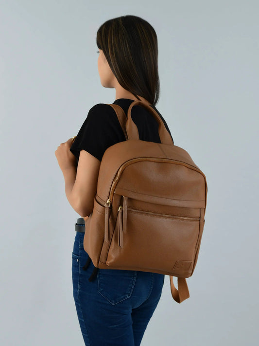 Light brown Mini Journey Leather Backpack with gold-tone zippers by Classy Leather Bags on Tampa Home & Garden Store