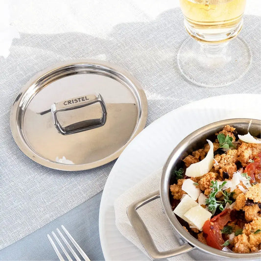 CRISTEL USA mini lid for pots and pans, stainless steel with handle, shown beside a dish on Tampa Home & Garden Store