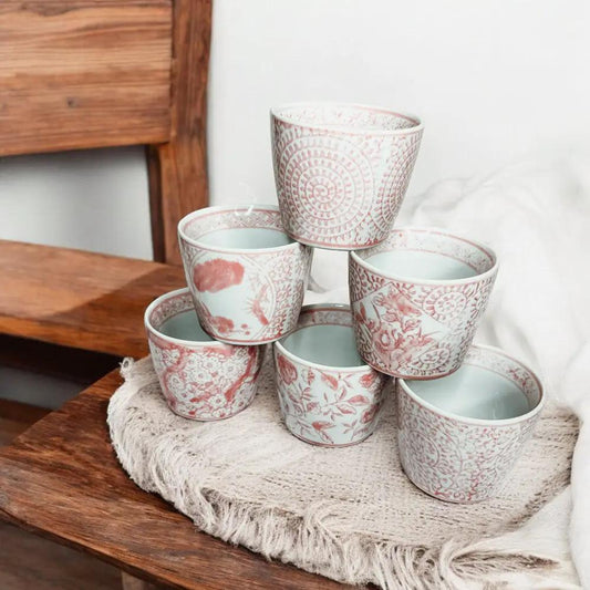 Mini pink cachepots hand painted porcelain by Gia Roma, set of six small pots on Tampa Home & Garden Store