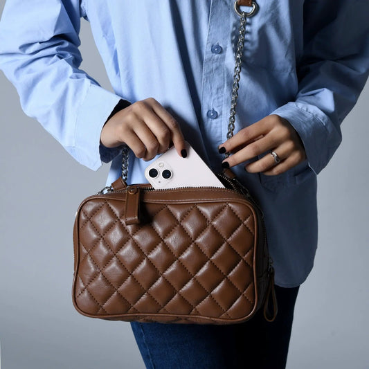 Mini Quilted Crossbody Bag Rich Brown leather with silver chain strap on Tampa Home & Garden Store