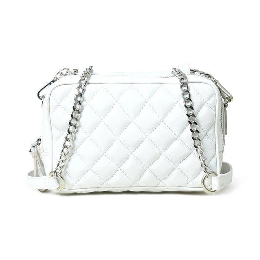 Mini Quilted Leather Crossbody Bag white with silver chain strap on Tampa Home & Garden Store