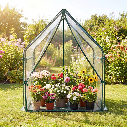 Mini greenhouse with metal frame and waterproof cover DirectDeals with potted flowers on Tampa Home & Garden Store