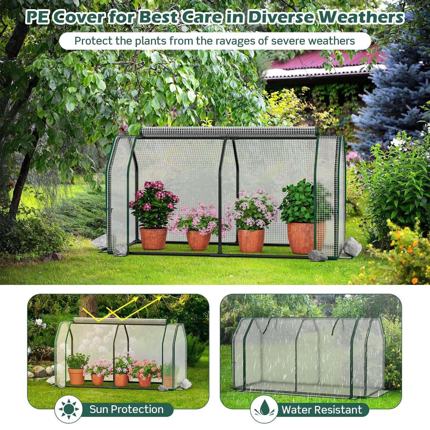 Mini greenhouse with roll-up zipper door, green frame and mesh panels on Tampa Home & Garden Store