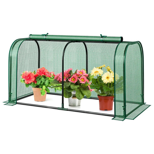 Mini Tunnel Greenhouse with roll-up zipper door green metal frame and mesh panels on Tampa Home & Garden Store