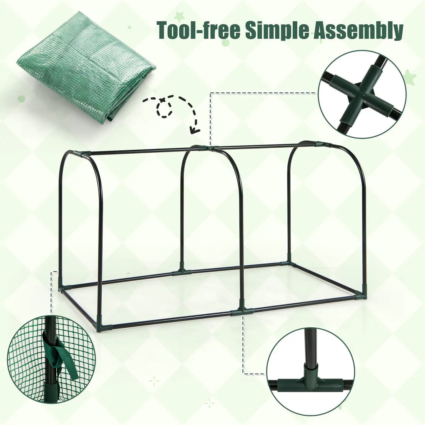 Mini tunnel greenhouse frame with roll-up zipper door, green cover, black steel tubing on Tampa Home & Garden Store