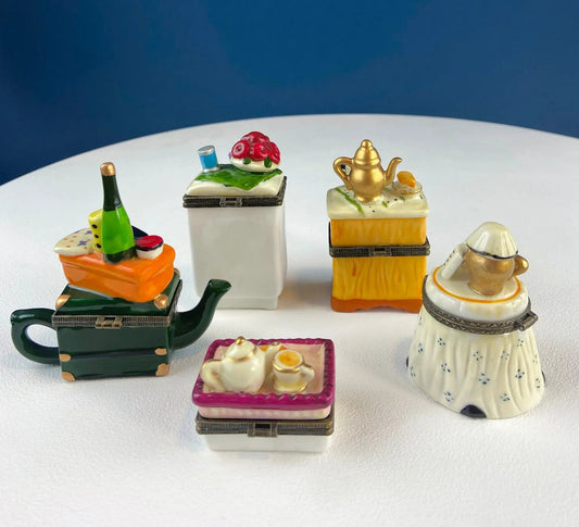 Miniature porcelain pill boxes in dining vignette scenes hand-painted and colorful on Tampa Home & Garden Store