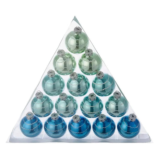 Miniature glass ball ornaments with blue-green wavy stripes, 15-piece pyramid display on Tampa Home & Garden Store