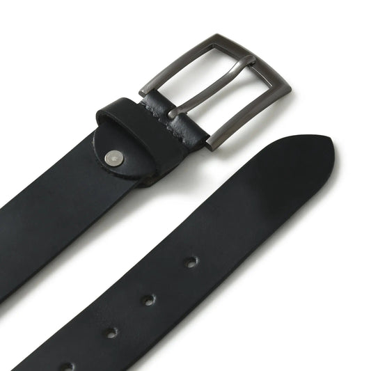 Minimalist black leather belt for dress pants with gunmetal rectangular buckle and punched holes on Tampa Home & Garden Store