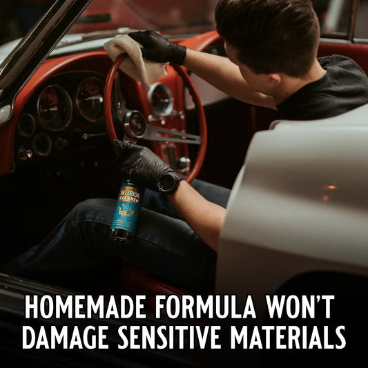 Mint Condition Interior Cleaner BioSafe Formula bottle used to wipe red car interior on Tampa Home & Garden Store