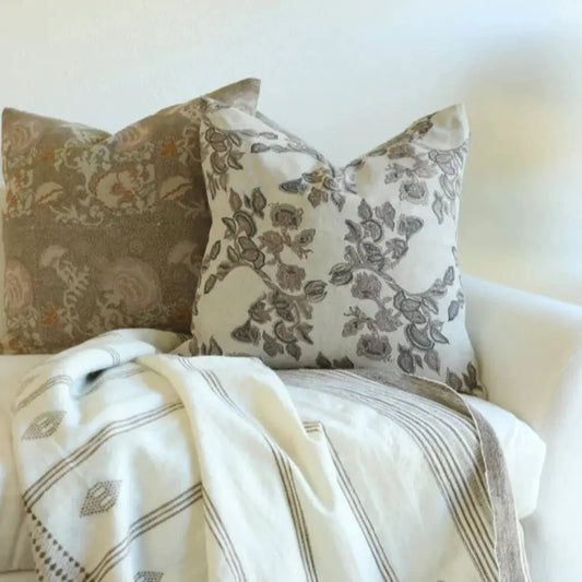 Mira Linen Floral Throw Pillow Cover Orchid, white linen with gray floral pattern, 2 shown on Tampa Home & Garden Store