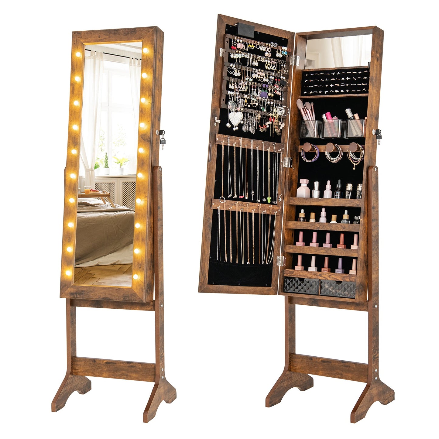 Mirror Jewelry Cabinet with 20 Warm Lights and 4 Tilt Angles-Black