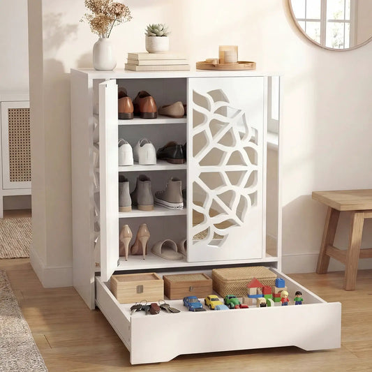 Mirrored white 4-tier shoe cabinet with lattice door and open shelves showing organized footwear on Tampa Home & Garden Store