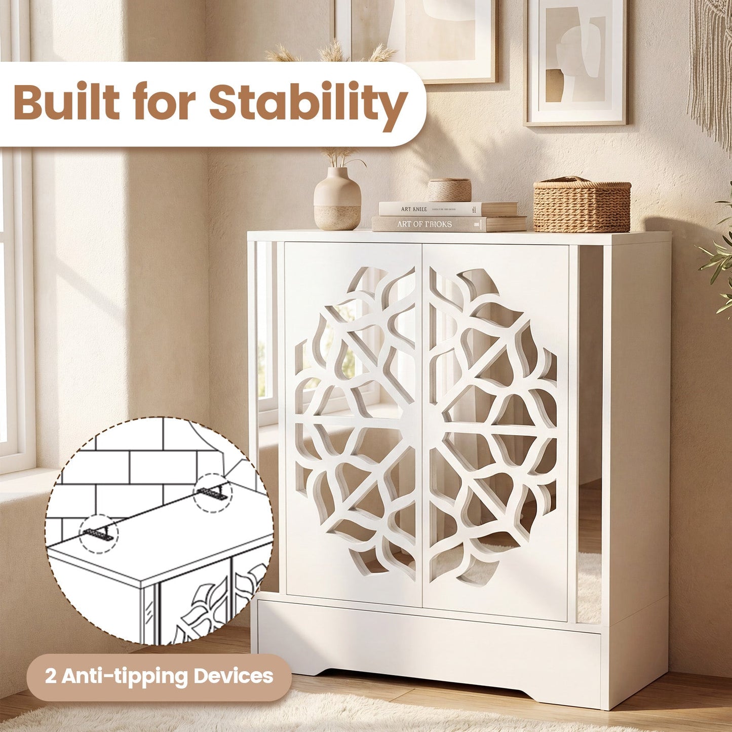 Mirrored White 4-Tier Shoe Cabinet by DirectDeals with decorative lattice doors on Tampa Home & Garden Store