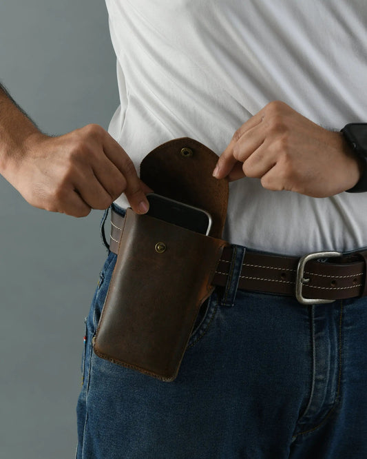 Dark brown leather phone holster case on belt with snap closure, Classy Leather Bags on Tampa Home & Garden Store