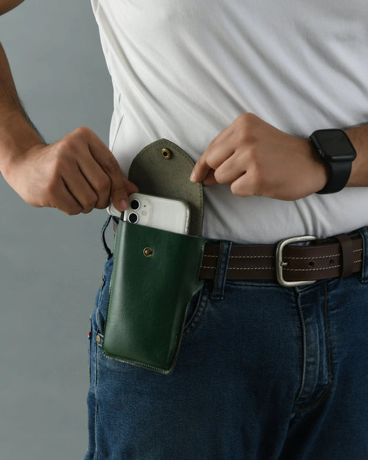 Green leather mobile phone holster case by Classy Leather Bags with brass snap closure on Tampa Home & Garden Store
