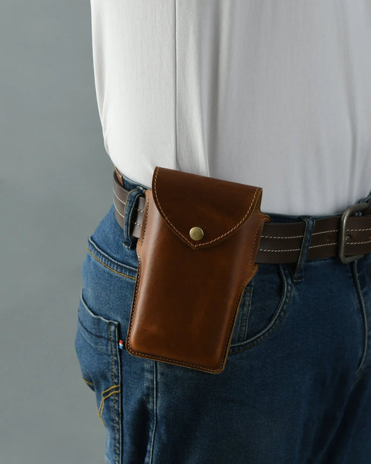 Mobile holster case leather tan brown attached to belt with brass snap on Tampa Home & Garden Store