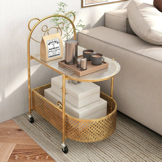 2-Tier glass coffee table with gold metal frame, mobile wheels, and perforated lower shelf on Tampa Home & Garden Store