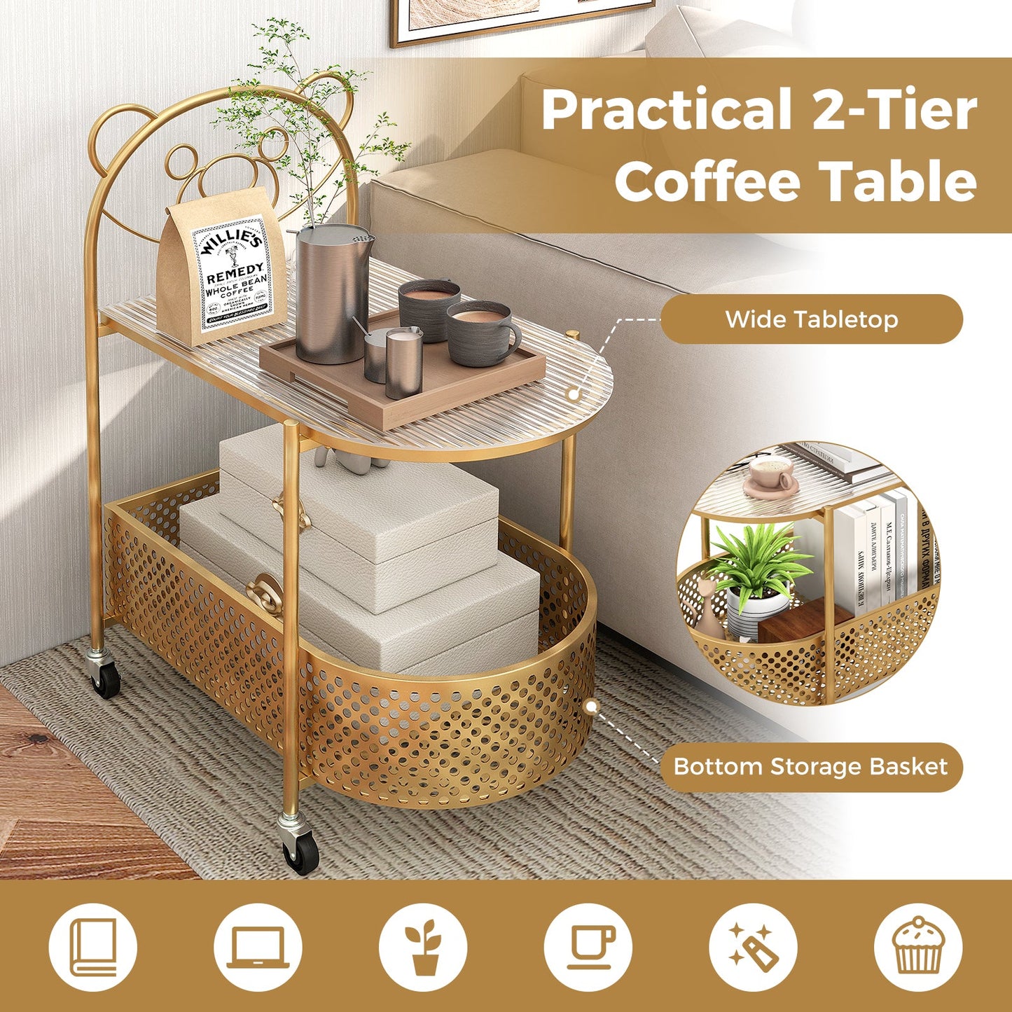 2-Tier mobile glass coffee table with a gold finish metal frame and bottom storage basket on Tampa Home & Garden Store