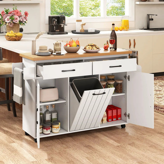 Mobile Kitchen Island With Trash Bag Storage, white cabinet, wood top, pull-out bin on Tampa Home & Garden Store