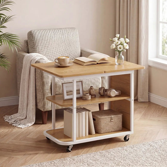 Mobile Side Table with foldable swivel top and 2-tier shelf; white frame, casters on Tampa Home & Garden Store