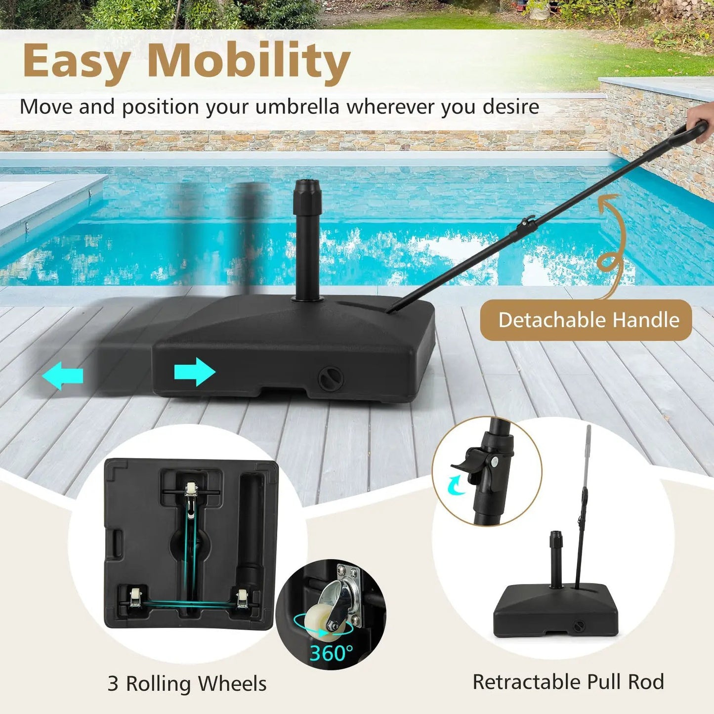 Mobile Patio Umbrella Base Water Sand Fillable Market Table Umbrella Stand with 3 Wheels-Black - Tampa Home & Garden Store