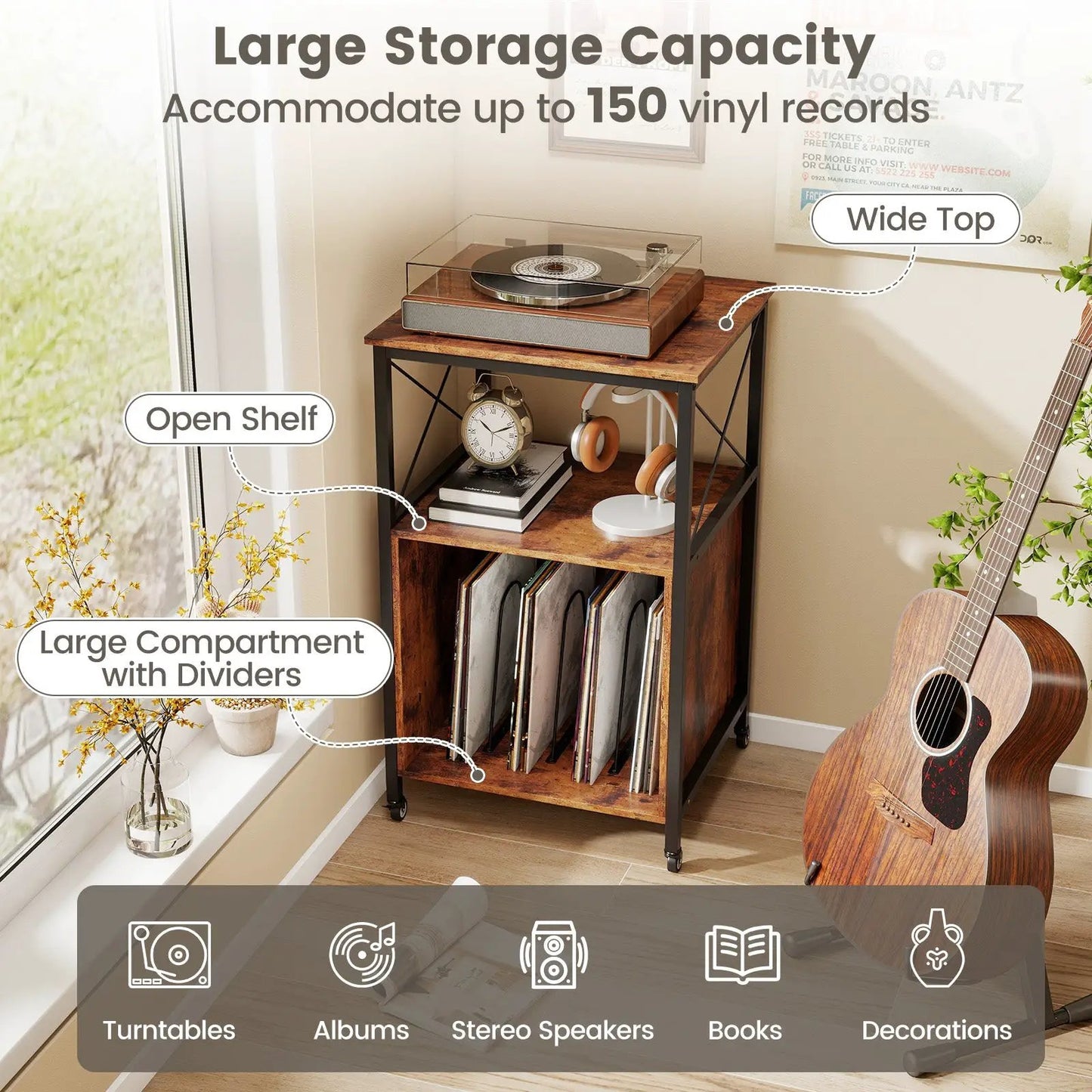Mobile Record Player Stand With Power Outlet in brown wood with open shelf and dividers on Tampa Home & Garden Store