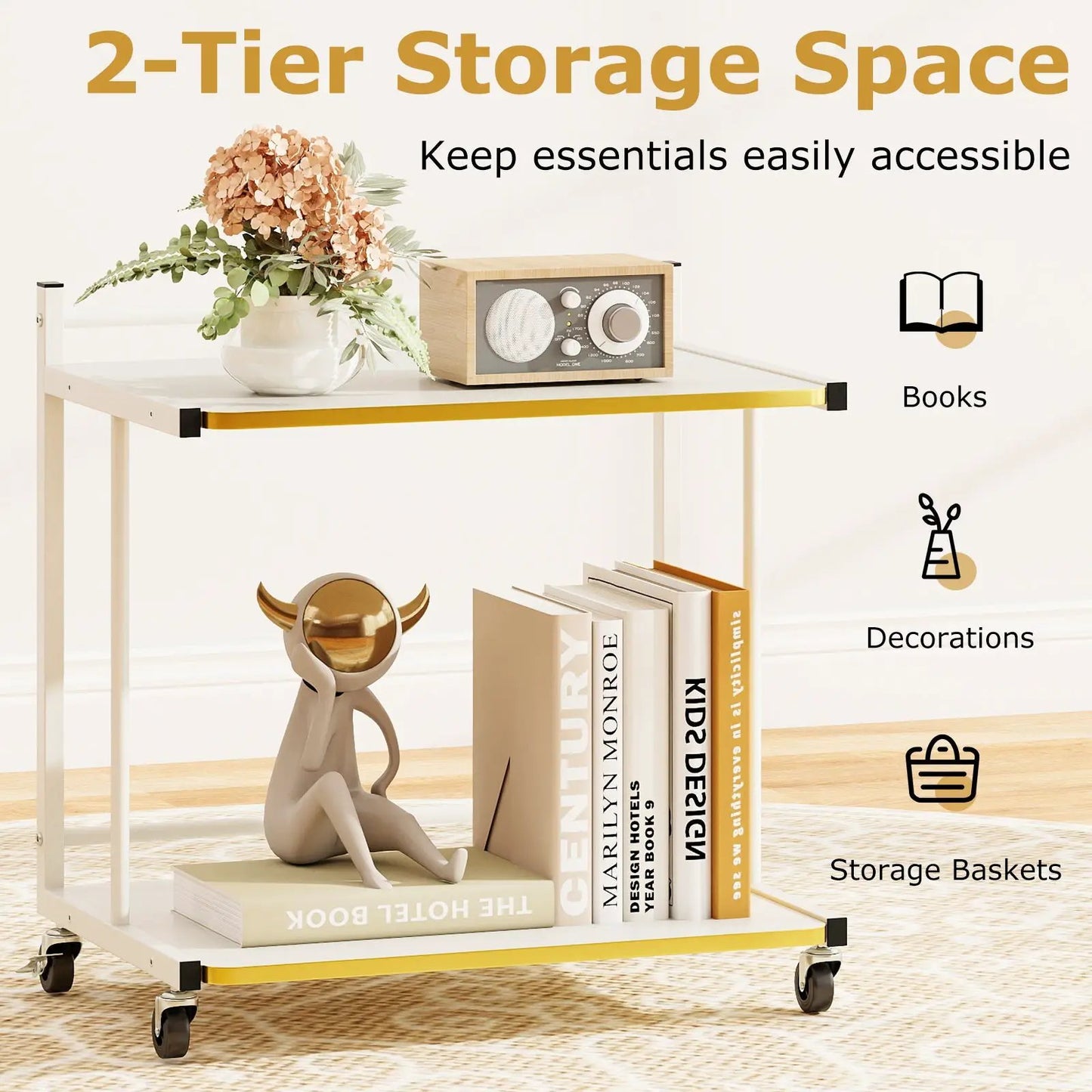 Mobile Side Table 2-Tier Rolling End Table, white frame with yellow trim, caster wheels on Tampa Home & Garden Store