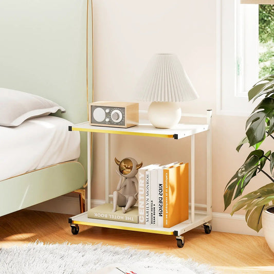 DirectDeals Mobile Side Table 2-Tier Rolling End Table, white with gold trim on casters on Tampa Home & Garden Store