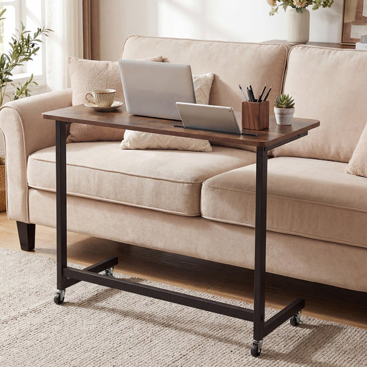 Mobile Side Table Rolling Laptop Desk Cart with Tablet Slot-Rustic Brown
