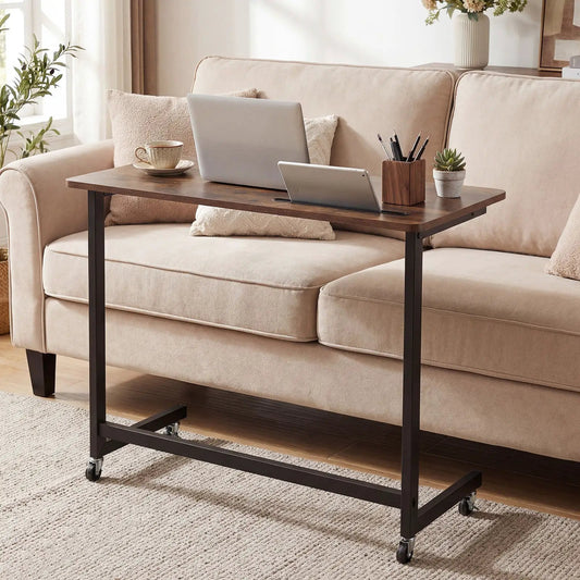 Mobile Side Table Rolling Laptop Desk Cart rustic brown wood with black metal DirectDeals on Tampa Home & Garden Store