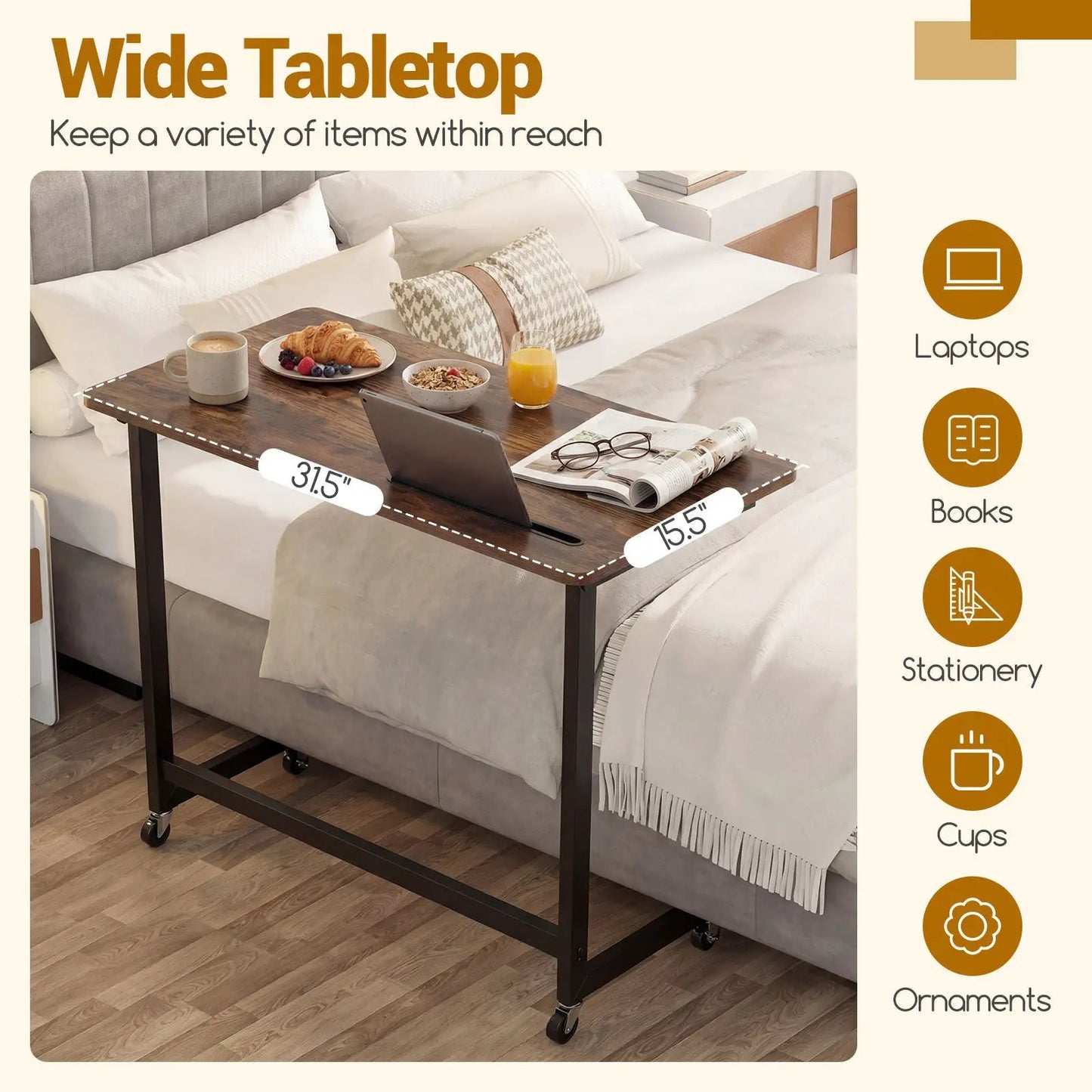 Mobile Side Table Rolling Laptop Desk Cart brown wood finish with tablet slot and wheels on Tampa Home & Garden Store