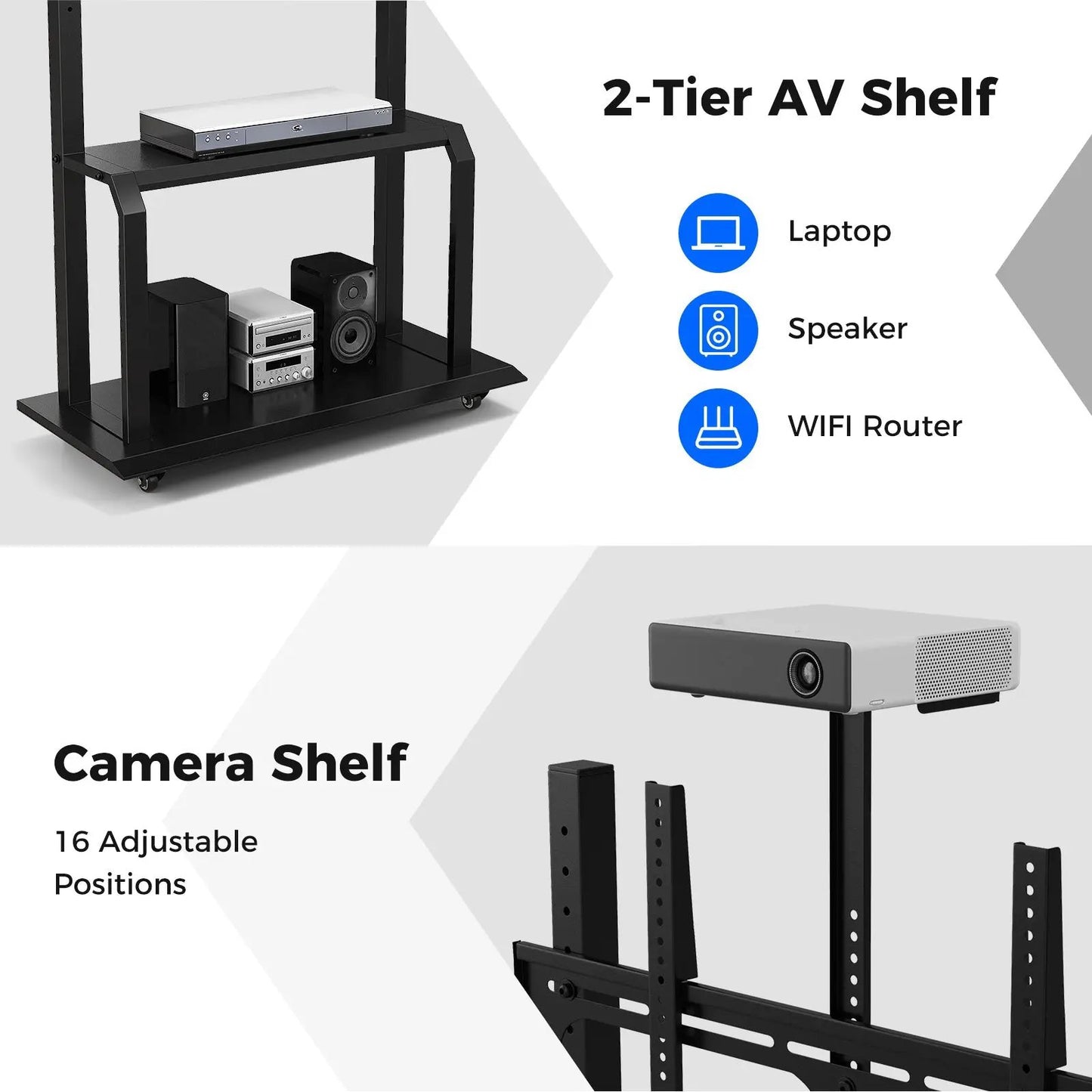 Mobile TV stand with camera shelf and 2-tier AV shelves, black metal rolling cart on Tampa Home & Garden Store