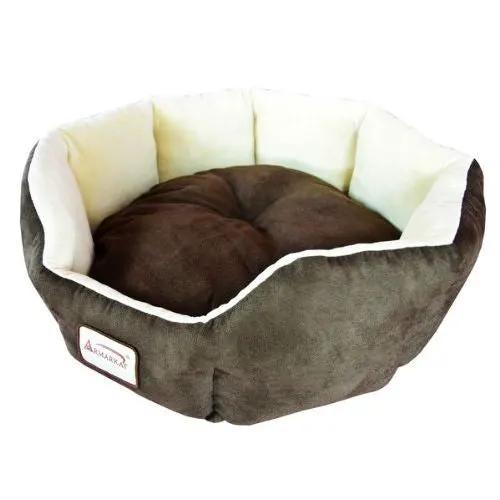 Mocha beige round pet bed with brown exterior and cream lining for small pets, HomePacific tag on Tampa Home & Garden Store
