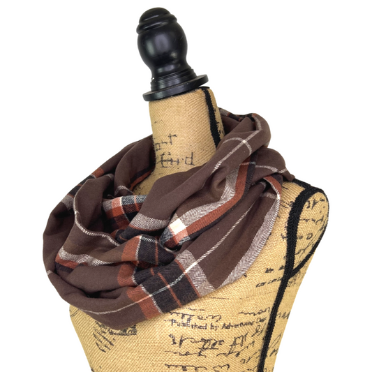 Mocha Spice Plaid - Milk Chocolate Brown, Copper Orange, Black and Cream Plaid Flannel Infinity or Blanket Scarf - Tampa Home & Garden Store