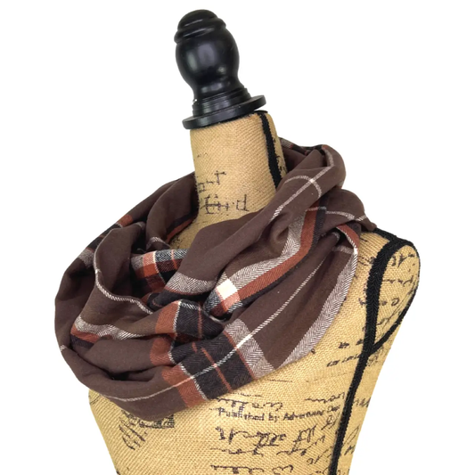 Mocha Spice Plaid Flannel Infinity Scarf brown copper plaid knit draped on dress form on Tampa Home & Garden Store