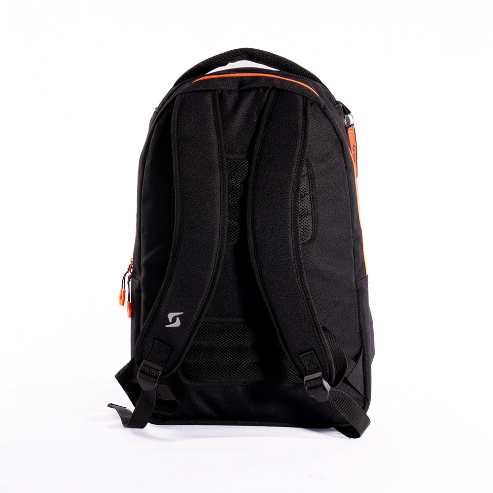 Tour Black Backpack by Siux USA, black bag with orange accents and padded shoulder straps on Tampa Home & Garden Store