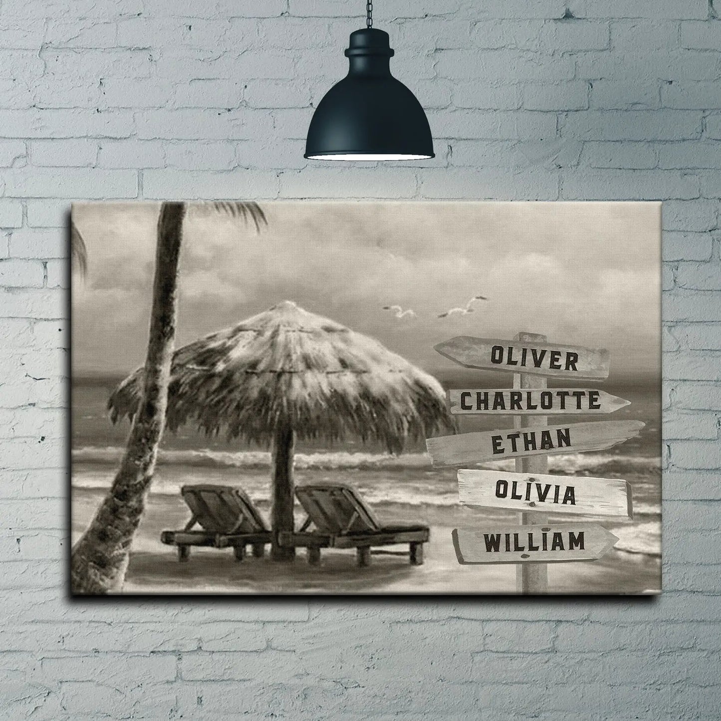 Monochrome beach name sign canvas by Tailored Canvases with palm and signpost names on Tampa Home & Garden Store