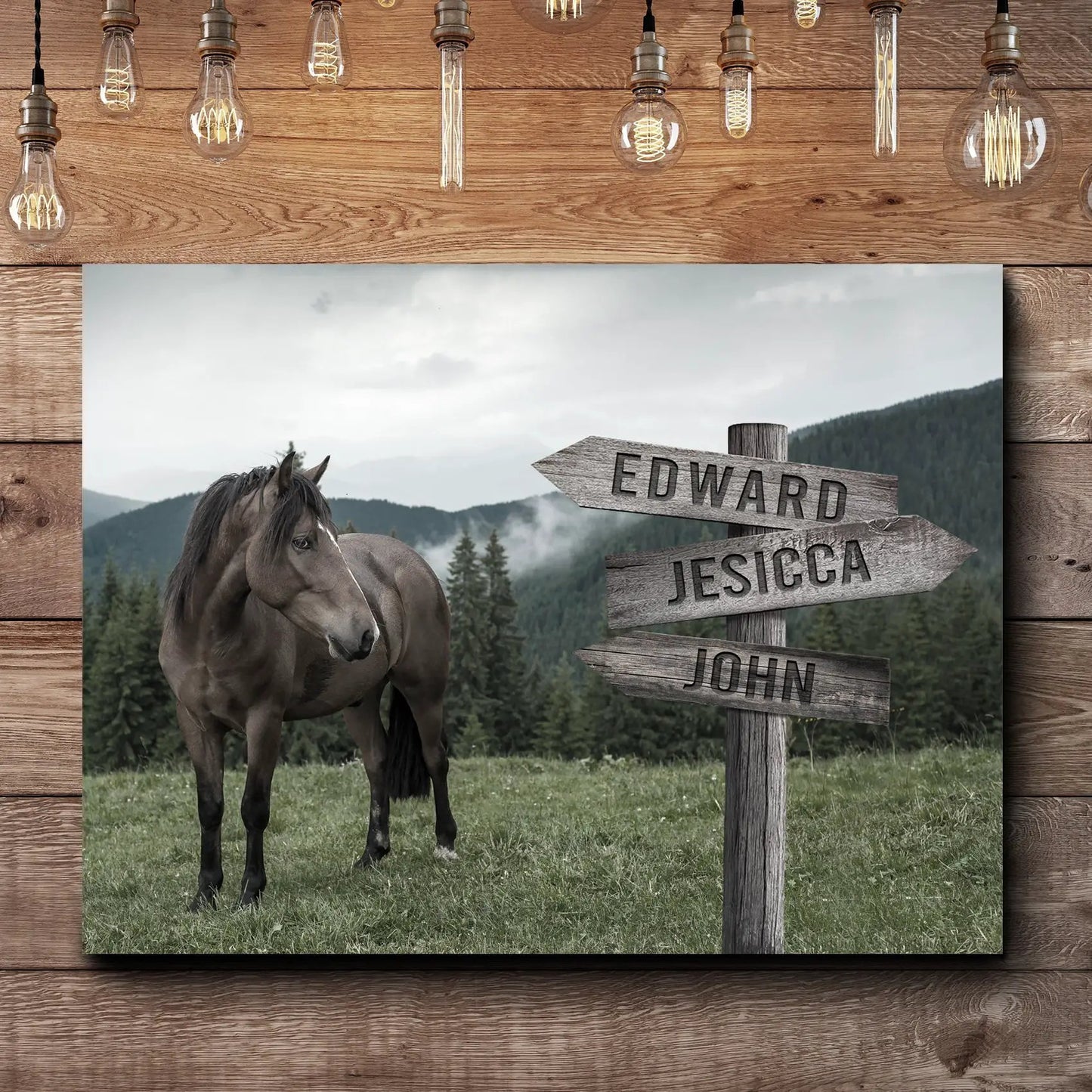 Classic Horse Family Name Sign canvas art: horse beside rustic signpost with EDWARD, JESSICA, JOHN on Tampa Home & Garden Store