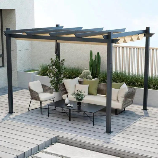 Modern 10 x 12 Ft Outdoor Sturdy Pergola Gazebo with Retractable Beige Canopy - Tampa Home & Garden Store