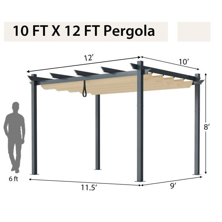 Modern 10 x 12 Ft Outdoor Sturdy Pergola Gazebo with Retractable Beige Canopy - Tampa Home & Garden Store