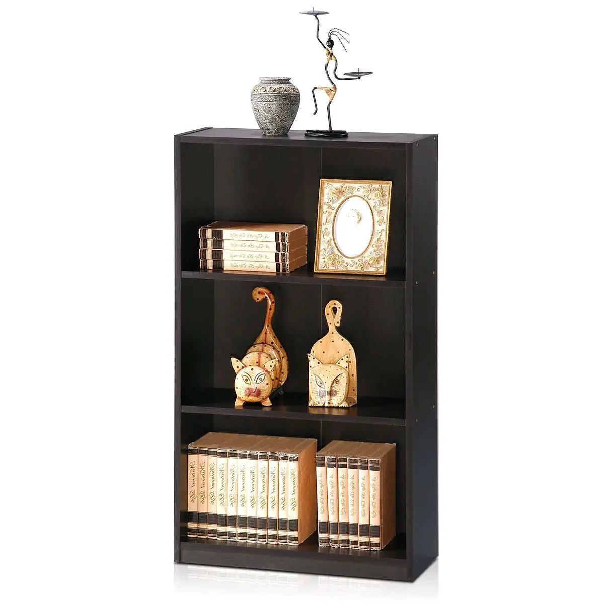 Modern 3-shelf bookcase in espresso wood finish with decorative items on Tampa Home & Garden Store