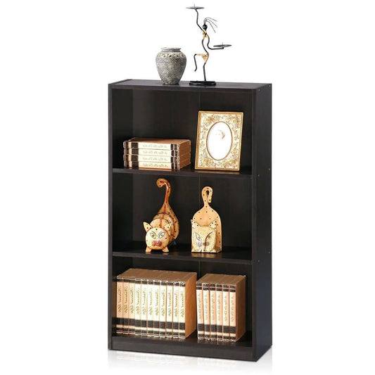 Modern 3-shelf bookcase in espresso wood finish with decorative items on Tampa Home & Garden Store