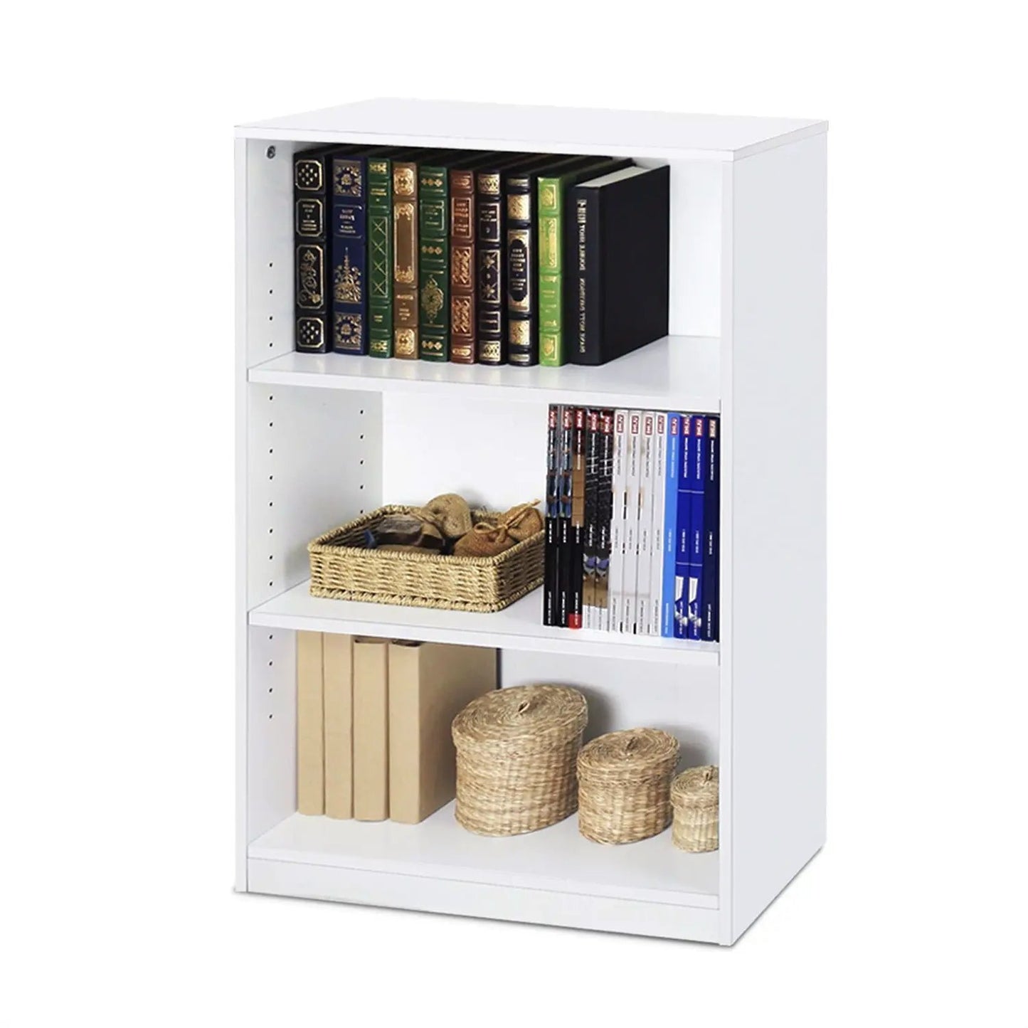 Modern White Wood Finish 3-Shelf Bookcase with books and baskets on Tampa Home & Garden Store