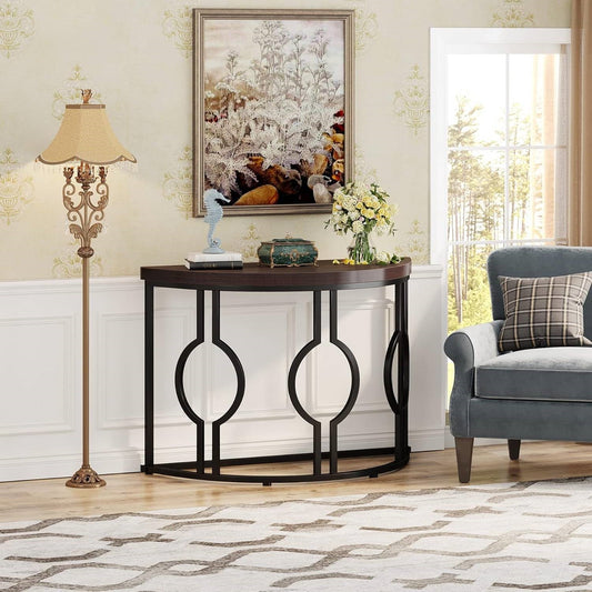 Modern 43-inch Half Moon Accent Console Table with Brown Wood Top Black Frame - Tampa Home & Garden Store