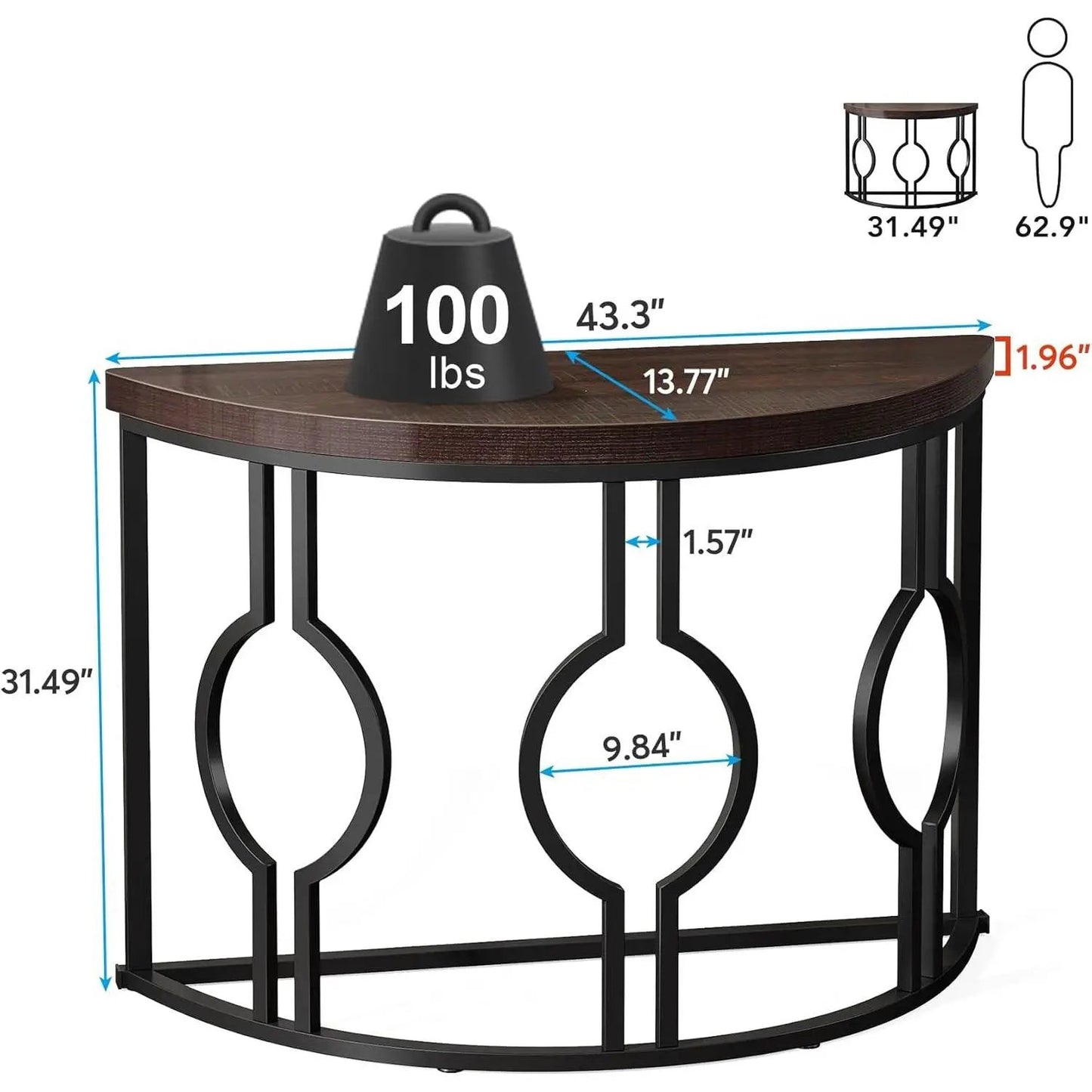 Modern 43-Inch Half Moon Console Table with brown wood top and black metal frame on Tampa Home & Garden Store
